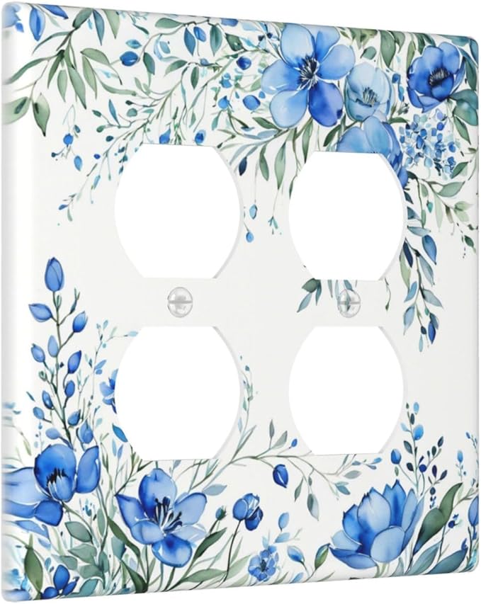 Light Switch Cover Blue Watercolor Flowers Retro Floral Leaves 2 Gang Decorative SwitchPlates Double Duplex Wall Plates Switch Plates and Outlet Covers for Bathroom Bedroom Decor