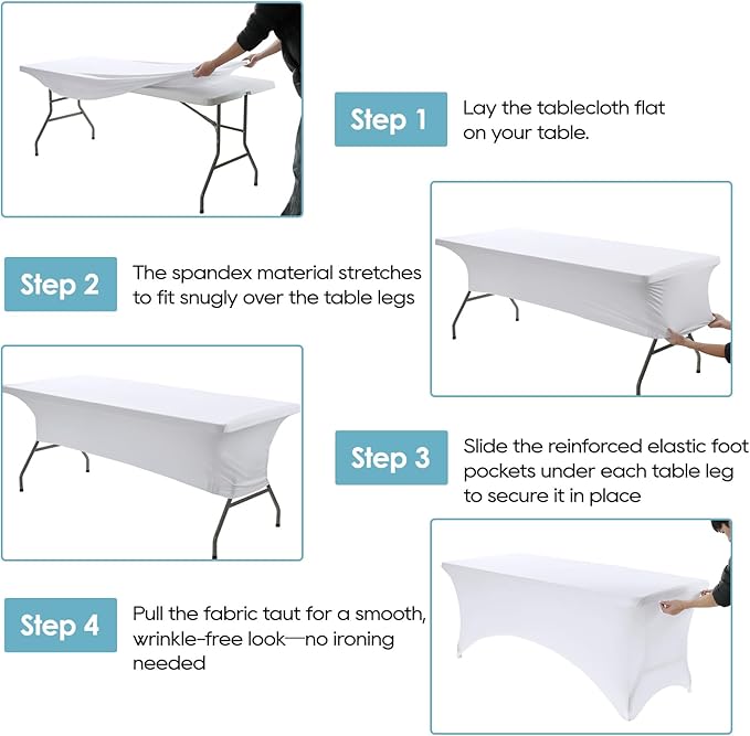 VidaFete Spandex Tablecloth 2 Pack 6FT, Fitted Stretch Table Cover for Rectangle Tables, Wrinkle Resistant and Washable Tablecloths for Outdoor, Picnic, Party, Wedding, Banquet, Birthday, White
