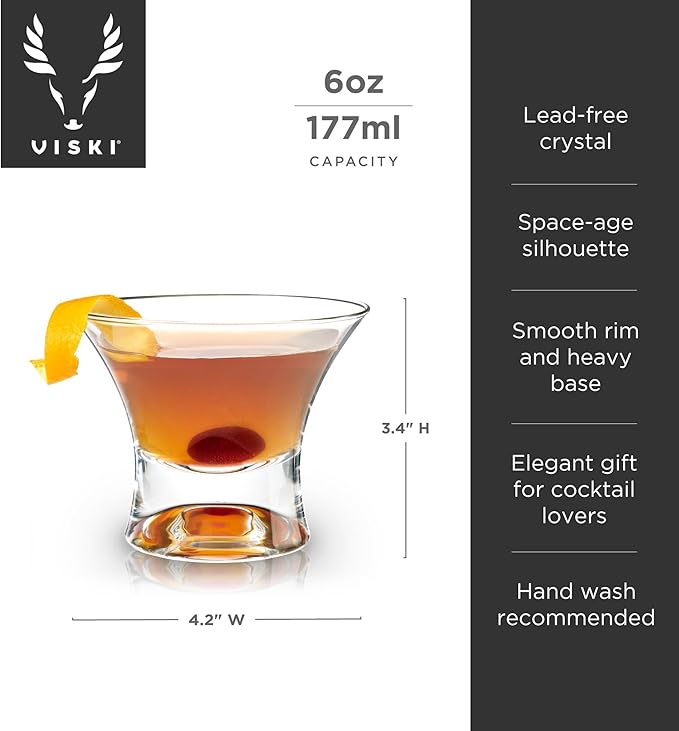 Viski Heavy Base Stemless Manhattan Glasses Set of 2 - Premium Crystal Cocktail Glass, Stemless Martini Glasses, Cocktail Glass Gift Set, 7 oz