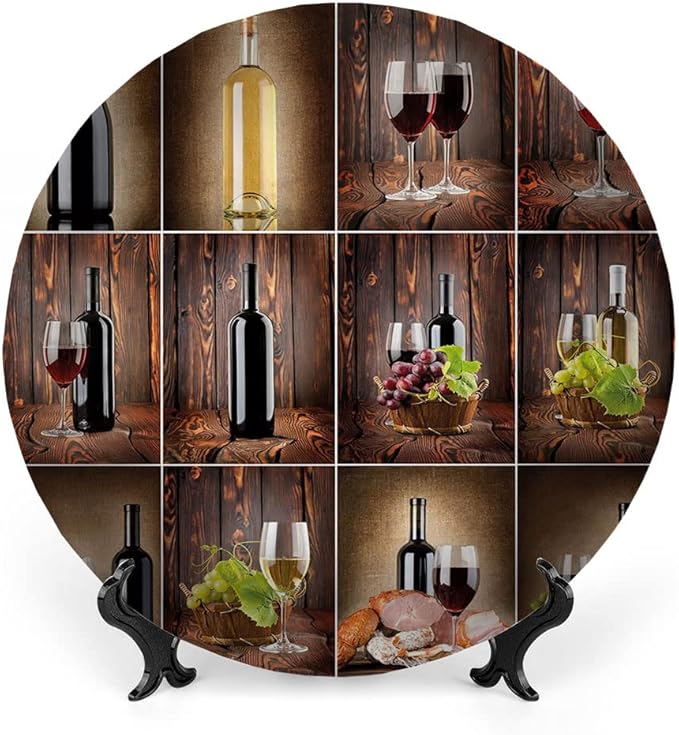 Ceramic Display Plate, Wine Ceramic Hanging Decorative Plate, Wine Themed Collage on Wooden Backdrop with Grapes and, 7 Inch, Household Custom Ceramic Plate, Brown Black Red