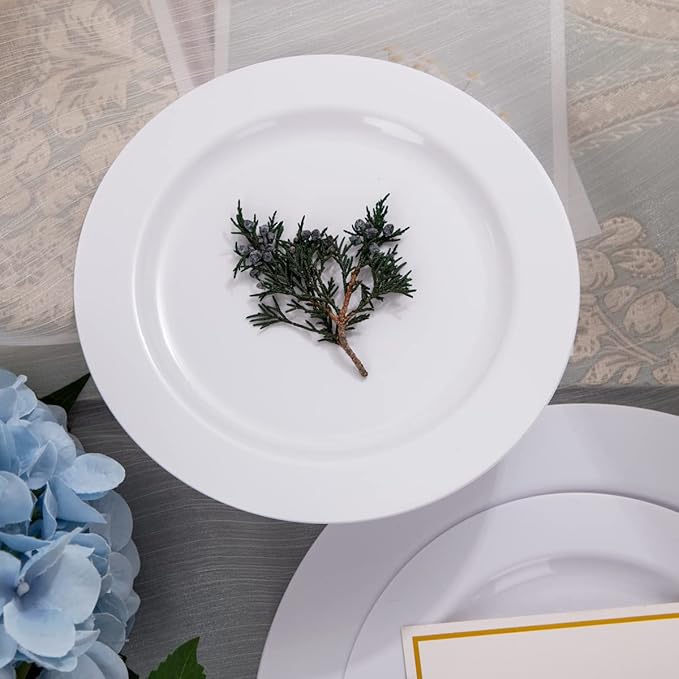 FLOWERCAT 100PCS White Plastic Plates-Heavy Duty White Disposable Plates for Christmas/Easter/Party/Wedding -Serve 50 guests 10.25inch & 7.5inch