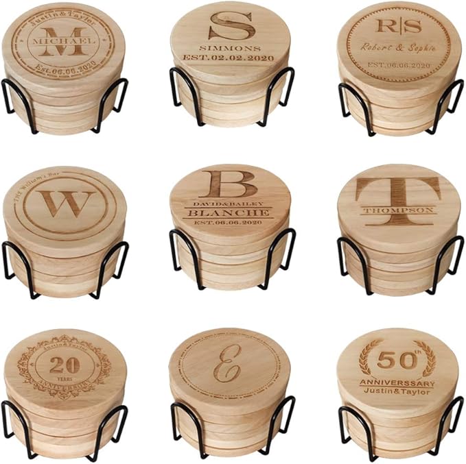 Personalized Wooden Coasters, Custom Engraved Monogram Coasters, Great Gifts for Relatives, Friends or Yourself (Set of 6)