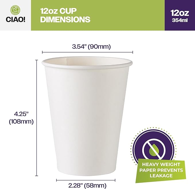 CIAO! 12oz White Paper Hot Cup, Disposable, 90mm Diameter 1,000 Count