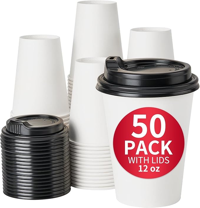 RACETOP 12 oz 50 Pack Disposable Paper Coffee Cups with Lids, Paper Coffee Cups with Lids 12 oz, Hot Cup for Home/Office