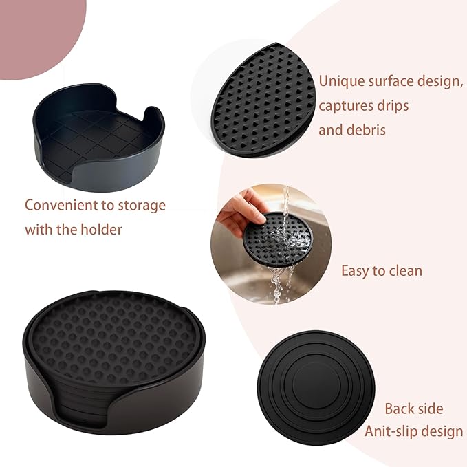 Set of 6 Silicone Coasters, 4'' Drink Coaster with Holder, Round Coasters for Drinks Beer Coffee Home Office Bar Desk Tabletop Protection, Non-Slip Rubber Coaster (Black, 6 Pcs-Plastic Holder)