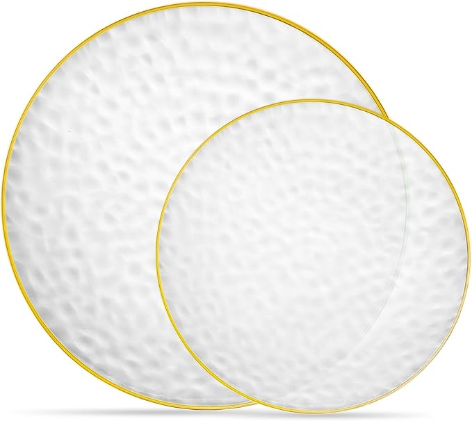 PLASTICPRO 64 Piece Combo Plates Set includes 32 7'' inch Plates & 32 9'' inch Plates Clear Plastic Organic Hammered Design Party Plates With Gold Rim, Premium heavyweight Elegant, Dishes,