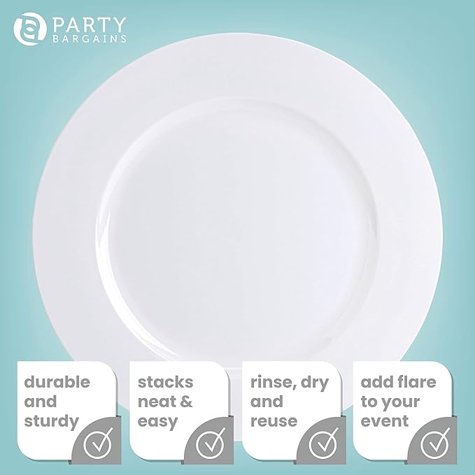PARTY BARGAINS 13-Inch Charger Plates - 8 Pack, White, Heavy-Duty Disposable Chargers for Elegant Dining - Ideal for Weddings and Formal Events