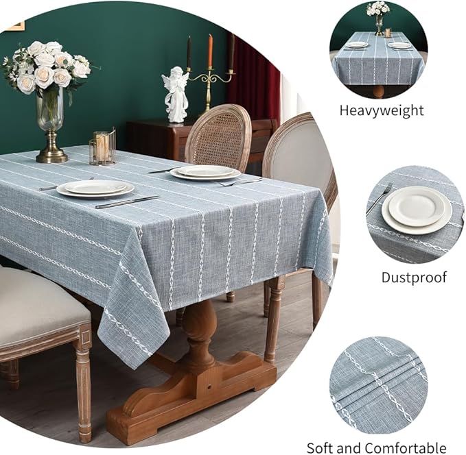 Zobesta Linen Table Cloth Blue Tablecloth Rectangle 98 x 53 Inch, Washable Farmhouse Soft Boho Blue Stripe Tablecloth for Party, Holiday, Picnic, Dining, Outdoor