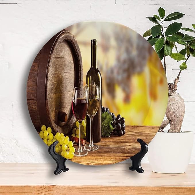 Decorative Plates, Wine Print Ornament, Red and White Wine Bottle Glass on Wooden, 6 Inch, 1 Plate with 1 Display Stand, Brown Light Green Yellow