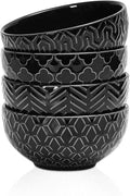 Sureasy Ceramic Ice Cream Bowls, 12oz Embossed Dessert Bowls Set, 4.6 Inch Stoneware Small Bowls for Snack, Sauce, Fruits, Microwave and Dishwasher Safe, Set of 4, Black