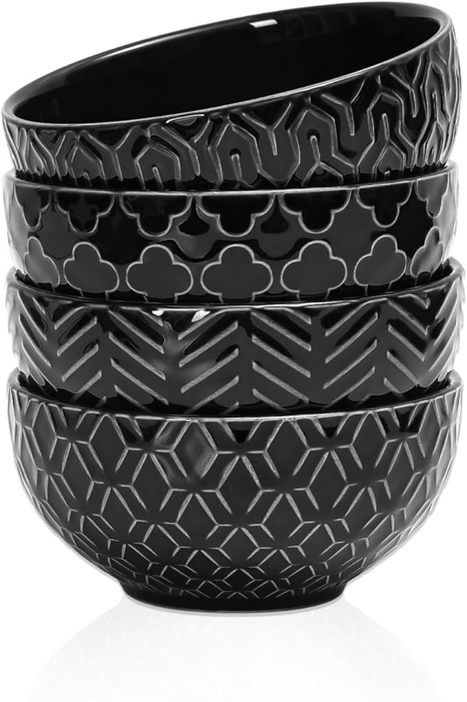 Sureasy Ceramic Ice Cream Bowls, 12oz Embossed Dessert Bowls Set, 4.6 Inch Stoneware Small Bowls for Snack, Sauce, Fruits, Microwave and Dishwasher Safe, Set of 4, Black