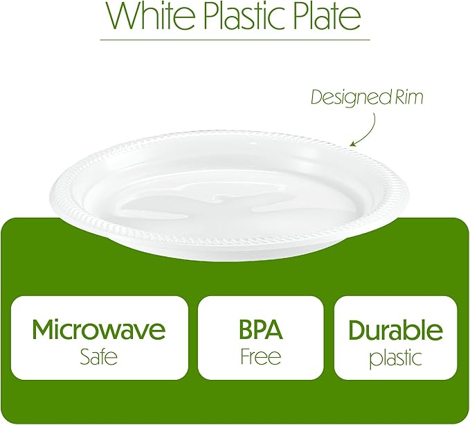 PLASTICPRO 400 PCS White Plastic Round 9 Inch Plastic Plates Premium Quality Light Weight Disposable Dishes Dinner Plates for Parties Weddings