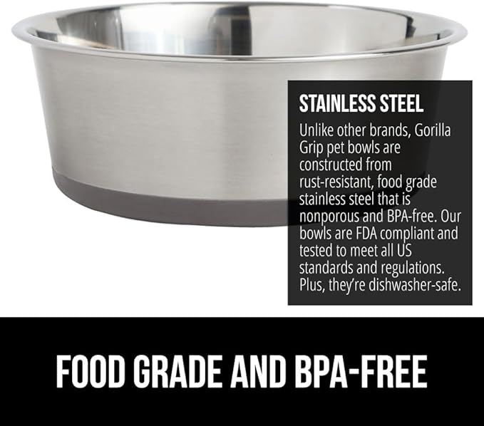 GORILLA GRIP Dog Bowl, Holds 4 Cups (32 fl oz), Heavy Duty Metal Food and Water Bowl for Feeding Dogs and Cats, Easy Clean, Dishwasher Safe, Rust Resistant Stainless Steel, BPA Free Rubber Base, Gray