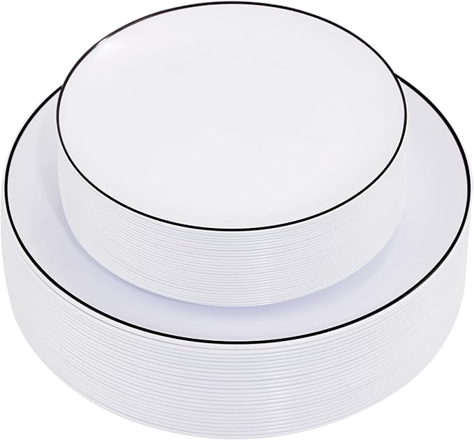EI 100pcs White and Black Disposable Plates for Party,White Plastic Dinner Plates with Black Rim Disposable,Plastic Dessert Plate for Wedding,Family Party,Afternoon Tea Business New Year