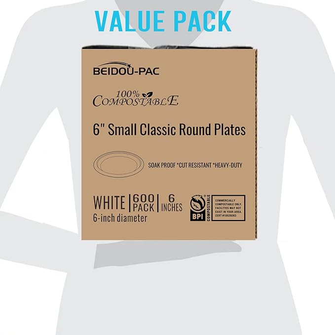 Small Compostable Heavy Duty Disposable Paper Plates, 600 Count | 6 Inch Round | Natural Bagasse, White Biodegradable Eco-Friendly Sugarcane Sandwich, Cake, Snack Dessert Tray