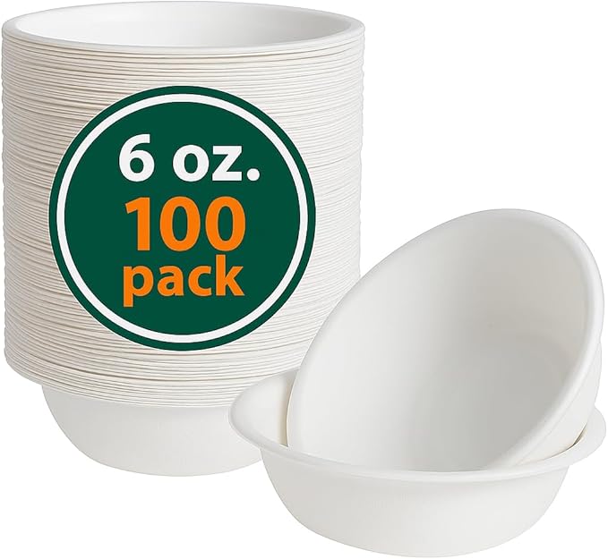 6 oz. Compostable Bowls [100-Pack] – Eco-Conscious Soup Bowls Made from Sugarcane Bagasse Fiber – Heavy-Duty, Microwave & Refrigerator Safe – Ideal for Parties, Snacks & Everyday Meals (6 oz [160ml])