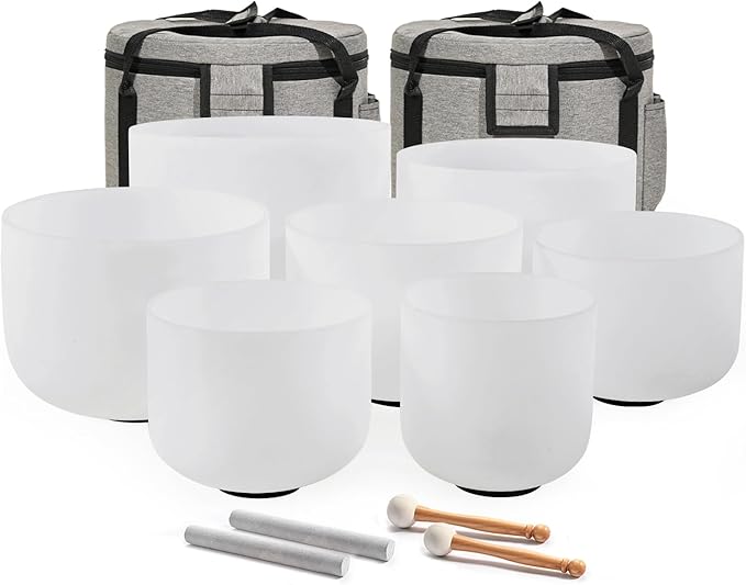 CVNC 432HZ 6-12 Inch Frosted Quartz Crystal Singing Bowls Chakra Set of 7 for Sound Healing and Meditation