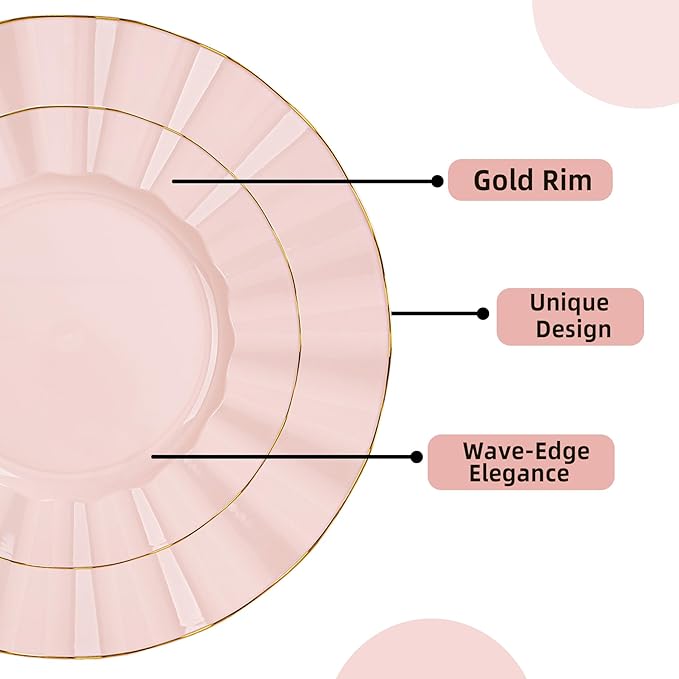 72PCS Pink Plastic Plates, Heavy Duty Disposable Party Plates with Gold Rim, 36 Dinner and 36 Dessert for Parties and Wedding