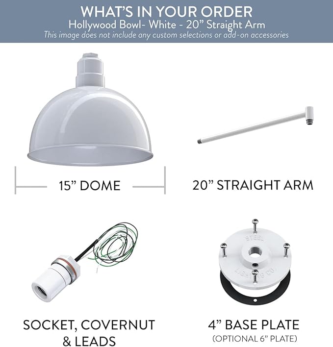 Steel Lighting Co. Hollywood Bowl Light | Outdoor Wall Mounted | 15 inch Bowl Dome | 20 inch Straight Arm | Barn Light Made in America | White Exterior/White Interior