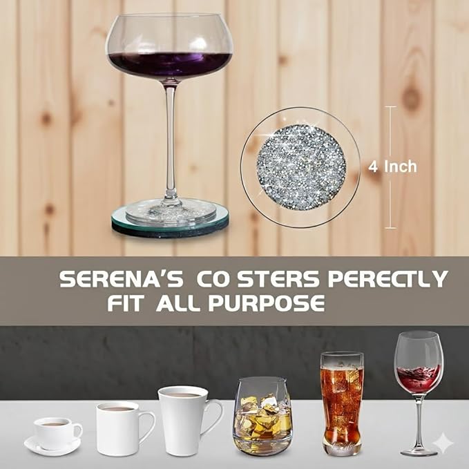 Crushed Diamond Crystal Glass Mirrored Round Coasters Set of 4 Glittering Bling Silver TRENDZY ® Drink Wine Coasters for Home Kitchen Bar & Restaurant Home Decor Birthday Wedding (Round)