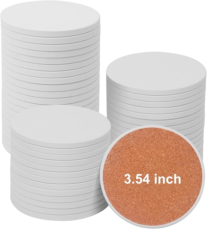50 PCS 3.54 Inch Blank Ceramic Coasters with Cork Backing Pads, 3.54x3.54 Inch Round Unglazed Ceramic Coasters Tiles for Crafting, Absorbent Ceramics Coaster for Drink