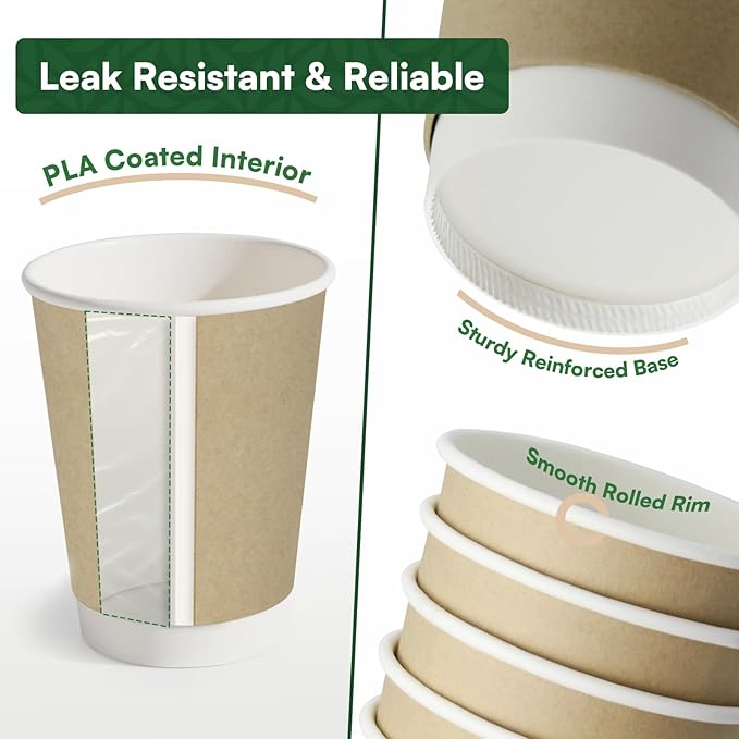 Disposable Coffee Cups with Lids 16 oz To Go Hot Cups,100 Pack Insulated Compostable Paper Cups with Lids, PLA Coated Natural Kraft Double Wall Disposable Cups for Everyday Home Togo Office Coffee Bar