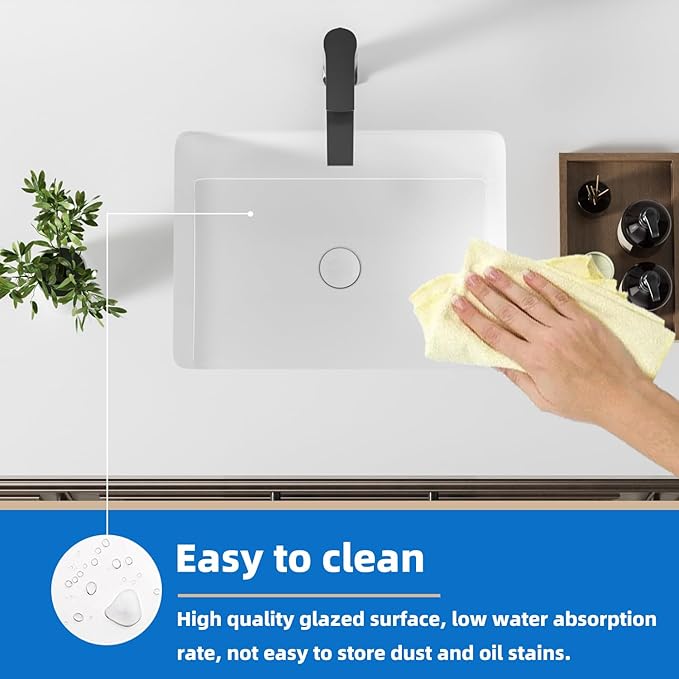 18 Inch White Rectangle Vessel Sink for Bathrooms 18.3" x 13.78" Small Undermount Bathroom Sink Ceramic Porcelain Under Counter Basin Sink with Overflow 465mm x 350mm Lavamanos Para Baños KINGWONG