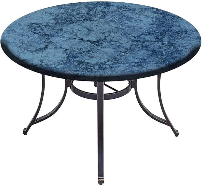 Round Edge Closing Tablecloth, Marble Elastic Edged Tablecloth, Abstract Crack Pattern, Fit Round Tables 56inch Diameter, for Restaurant Picnic Indoor and Outdoor Use, Blue
