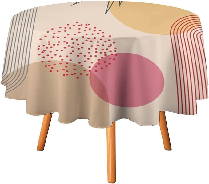 Mid Century Boho Round Tablecloth, Abstract Modern Sun Arch Curve Leaves Geometric Print Tablecloth for Home Party Dining Room Kitchen Decor 36Inch(90cm)