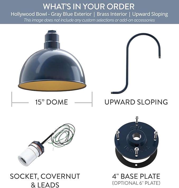 Steel Lighting Co. Hollywood Bowl Light | Outdoor Wall Mounted | 15 inch Bowl Dome | Upward Sloping Gooseneck | Barn Light Made in America | Gray Blue Exterior/Brass Interior