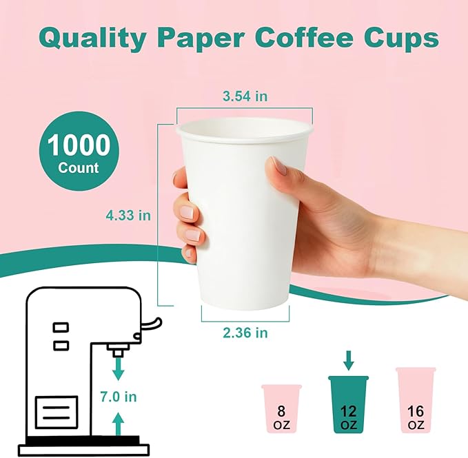12 oz 100 Pack Disposable Coffee Cups, Bulk White Disposable Paper Cups, Coffee Cups for Hot Tea, Chocolate and Cold Drinks