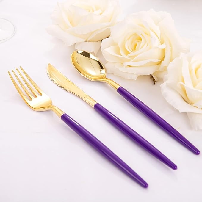 WDF 30Guest Purple Plastic Plates with Gold Rim & Disposable Gold Plastic Silverware With Purple Handle - Baroque Party Plates Mardi Gras Plate for Birthday Parties/Wedding