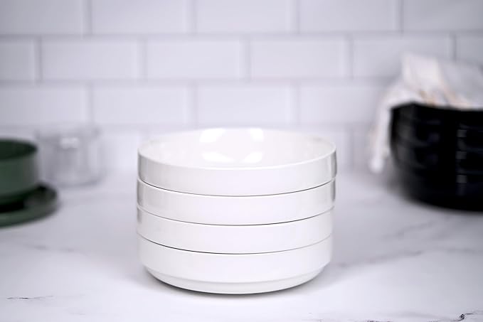 KooK Pasta Bowl, Bowl Plate, Low Bowl, Plate Bowls, Ceramic Large Shallow Bowls, Microwave and Dishwasher Safe, Great for Soups and Salads, Glossy Porcelain, 47 oz, Set of 4, White