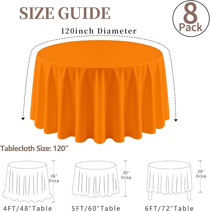 8 Pack Round Tablecloth 120 Inch Cloth Orange Tablecloth for Round Tables, Washable Polyester Table Cloth Stain and Wrinkle Resistant Decorative Table Cover for Wedding Party Dining Banquet