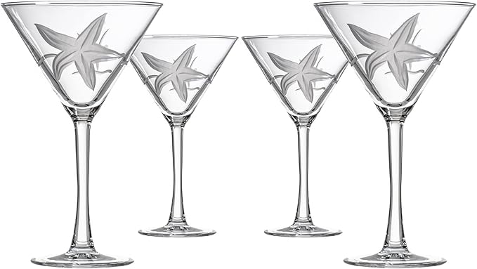 Rolf Glass Starfish Martini Glass 10 Ounce | Set of 4 Stemmed Martini Glasses | Lead-Free Crystal Glass | Diamond-Wheel Etched Cocktail Glasses | Made in the USA