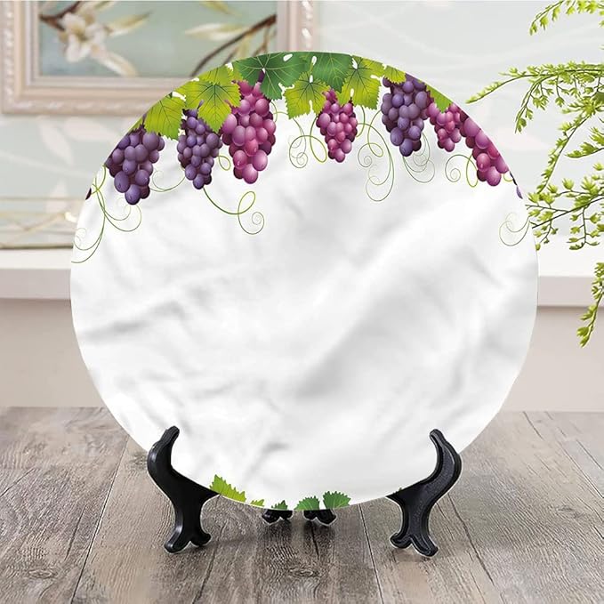 Decorative Plates, Vineyard Print Ornament, Leaves and Ripe Grapes, 10 Inch, Kitchen Wall Decor, Multicolor