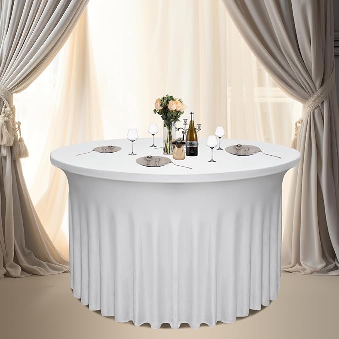 4 Pack - White Round Table Skirt (60" Diameter x 30" H) for 5ft Tables | Polyester Spandex Washable Cover | Wrinkle & Stain Resistant | Wedding, Party, Banquet Decor