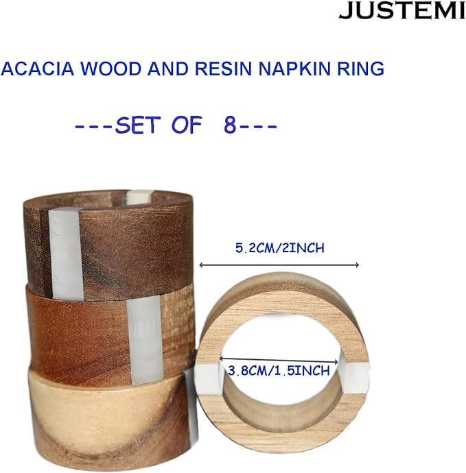 Wooden Napkin Rings Set of 8 for Dinning Table Decor - Acacia Wood Resin Napkin Holde for Cloth Napkin (Round Shape,Ivory Color)