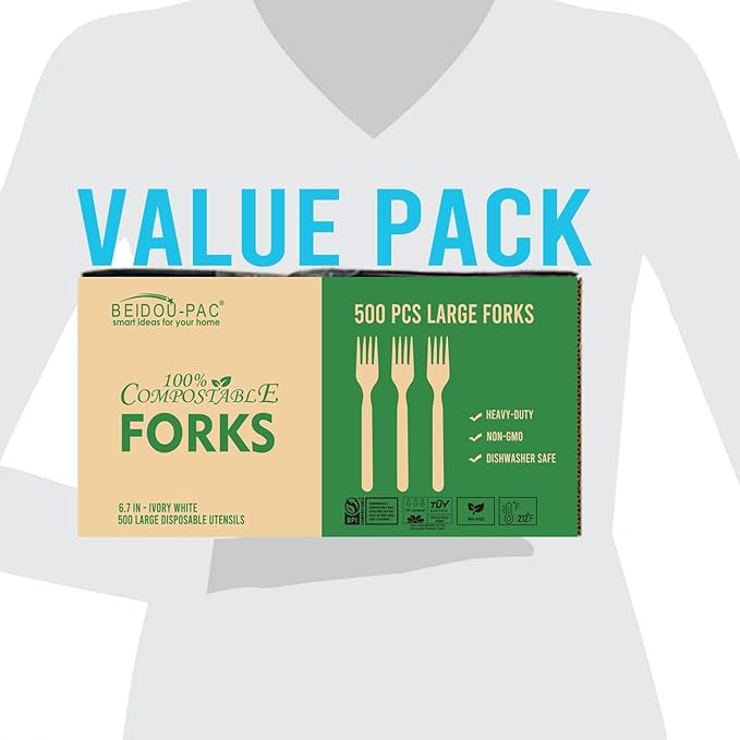 500 Count Compostable Disposable Non Plastic Forks, Large Heavy Duty Biodegradable Utensils, Eco Friendly Durable Sturdy Recyclable Forks Flatware Silverware for Party Wedding Daily Use