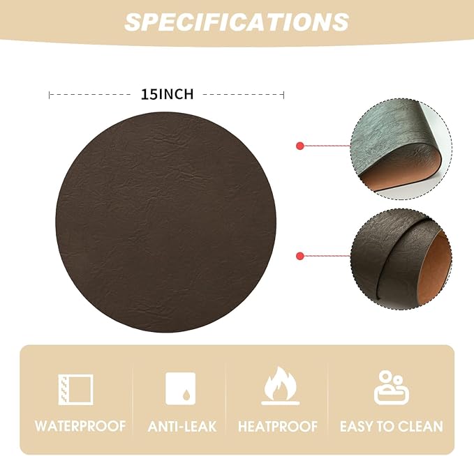 Artoid Mode Coffee Faux Leather Placemats Set of 6, 15 Inch Waterproof Wipeable Heat Resistant Vinyl Place Mats, Reversible Table Mats for Kitchen Dining Decor