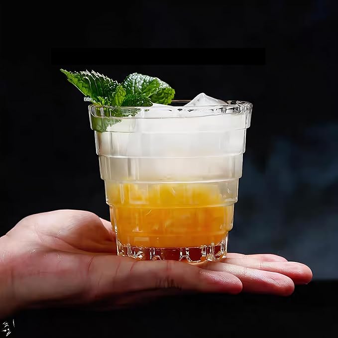 Vintage Drinking Glasses Set of 6, 8 oz Brick-Shaped Glass Cups, Mojito Glass Cups Stackable Water Tumbler, for Beer, Cocktail, Whiskey, Juice & Mixed Drinks.
