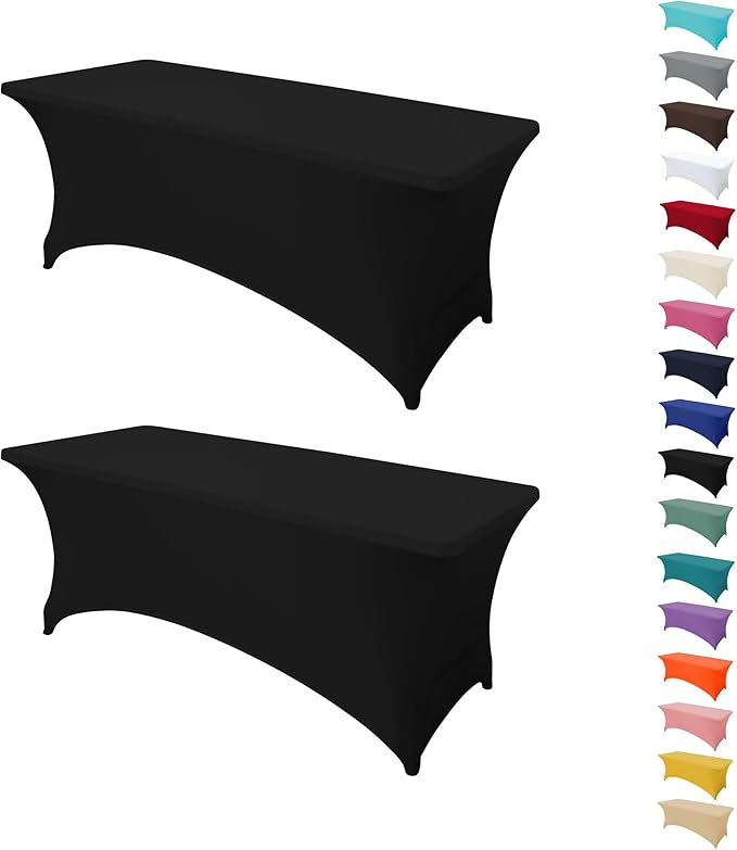 2Pack 8FT Table Cloth for Rectangular Fitted Events Stretch Black Table Covers Washable Spandex Tablecloth Protector for Party, Wedding, Cocktail, Banquet, Festival
