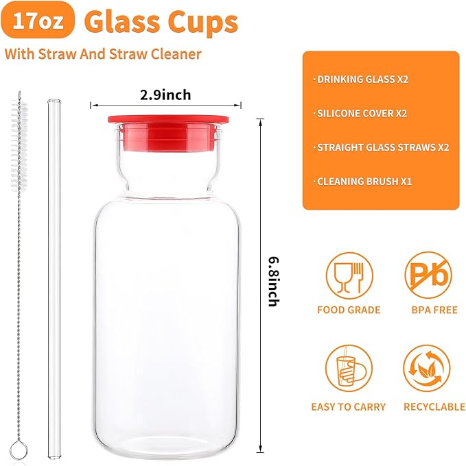 Glass Cup with Silicone Lid and Straw, 17 Oz Drinking Glasses Water Bottle Vintage Glassware for Iced Coffee, Juice, Cocktails, Whisky Tumbler for Gift 2 Pack