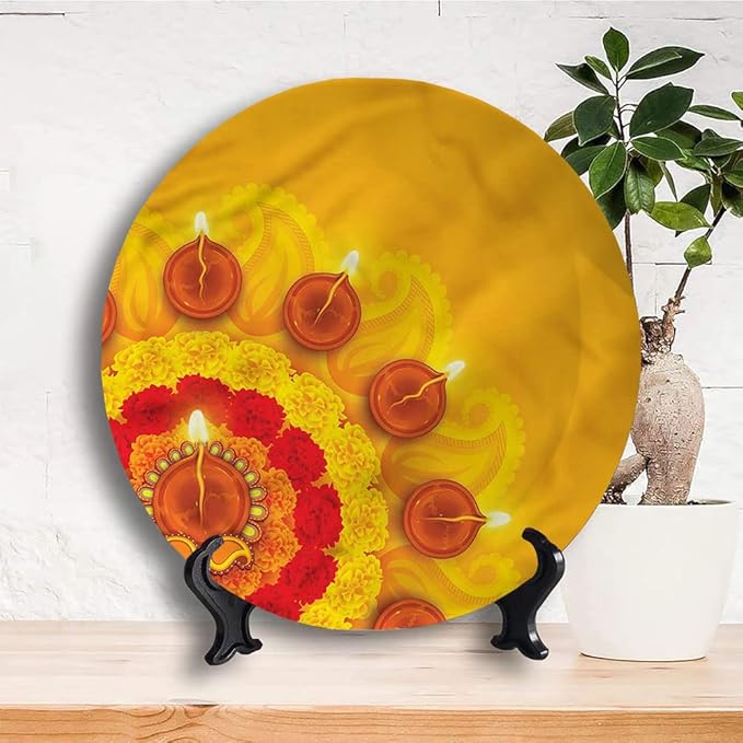 Decorative Plates, Diwali Print Ornament, Flowers Diwali Festive, 10 Inch, 1 Plate with 1 Display Stand, Multicolor