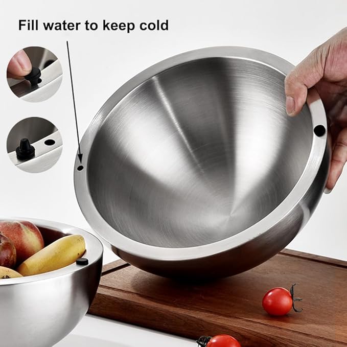 304 Stainless Steel Insulated Salad & Dipping Bowl, Two Hot/Cold Water Inlets to Keep Food Hot or Cold Suitable for Picnics, Salad Making and Dipping (35 oz)