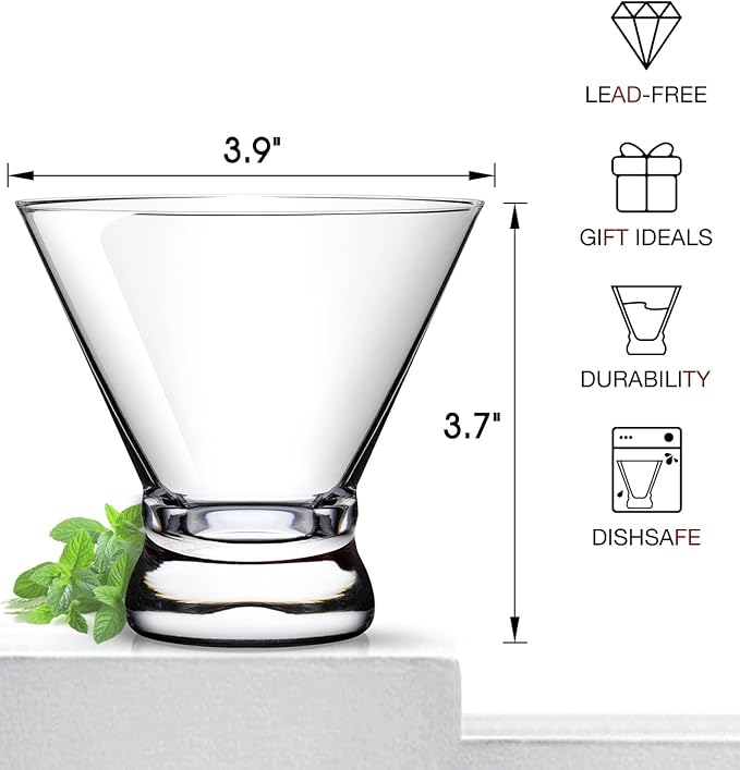 LUNA & MANTHA Martini Glasses Set of 12, Stemless Martini Cocktail Glasses for Margarita, Manhattan, Cosmopolitan, Home Bar, Evening Parties, Birthdays, Housewarming Gift, Crystal Clear 8 OZ