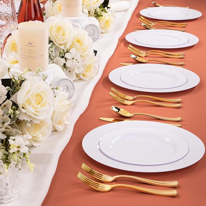 U-QE 150PCS White Plastic Plates with Gold Cutlery - Include 60 Dinner and Dessert Plates, 30 Forks, 30 Knives, 30 Spoons, Ideal for Wedding and Party