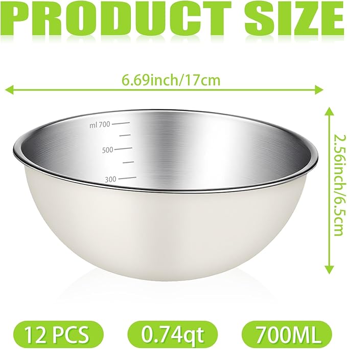12 Pcs 0.74qt Stainless Steel Mixing Bowls Nesting Metal Prep Salad Bowls with Scale Reusable Baking Cooking Food Soup Storage Organizers for Kitchen Refrigerator