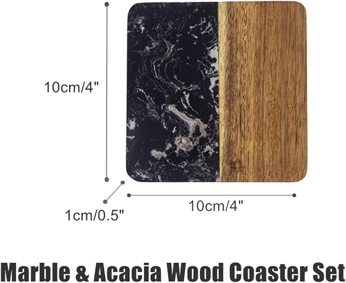 I-LAN 4 Pack Acacia Wood and Black Marble Style Coasters, 4x4 Inch Square Modern Drink Coasters Set, Decorative Mixed Material Coasters for Coffee Table, Bar, and Housewarming Gift