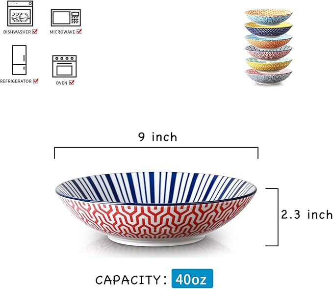 Selamica Porcelain 40oz Large Bowls 9 inch Big Pasta Salad Bowls, Microwave and Oven Safe, Colorful, Set of 6